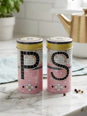 Mosaic Style Tin Pink Black Salt and Pepper Shaker Set Spice Tin 4.5”H x 2” W